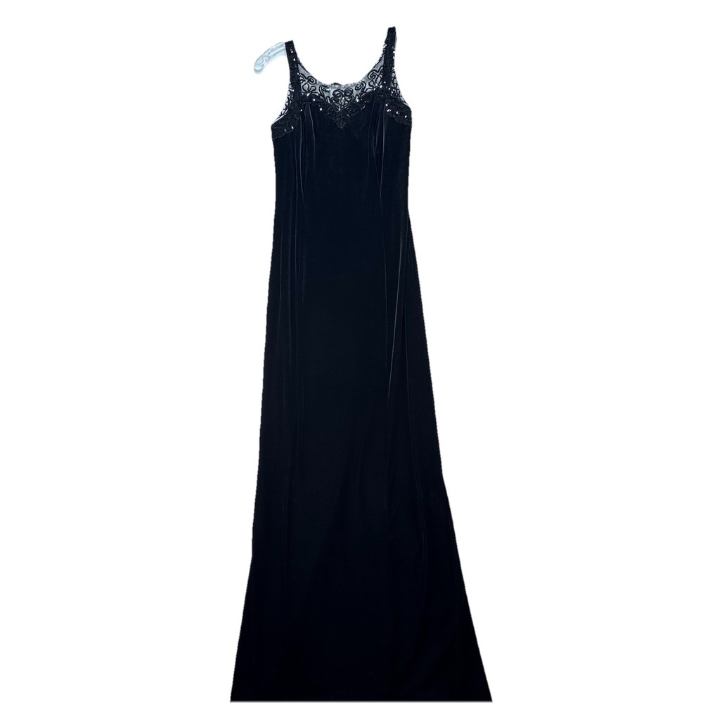 Night Way Maxi Dress Sz 8 Black Velvet Sequin Y2k Prom Elegant Formal Fairy